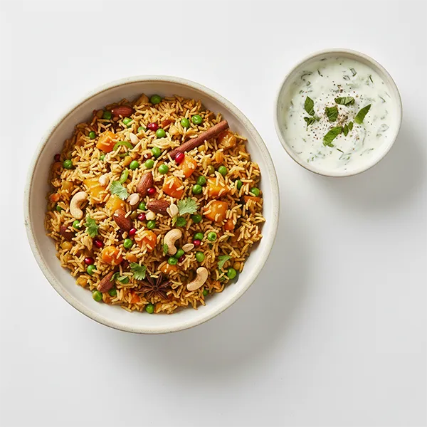 Vegetable Badami Pulao with Mint Yoghurt